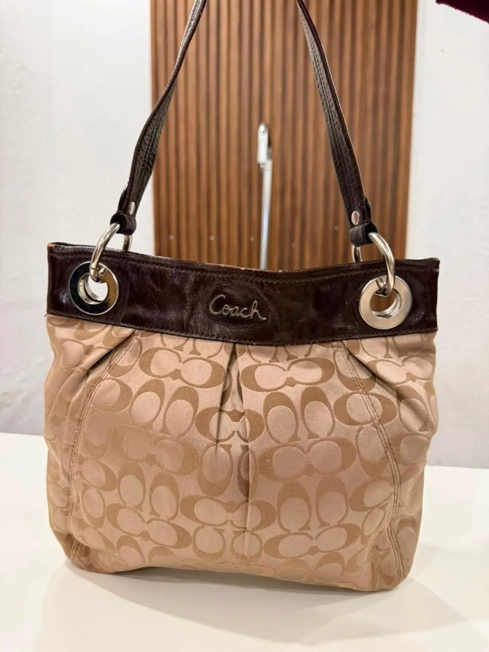 Coach Ashley Signature Jacquard Pleated Leather Canvas Brown Tan Shoulder Bag